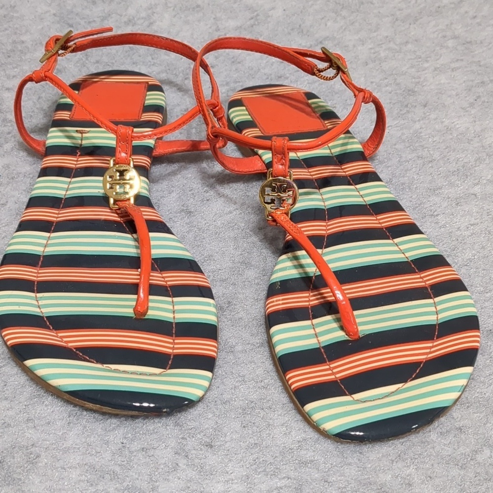 Tory Burch Harbanero Pepper Bauer Stripe Emmy Patent Leather T-Strap Flat Sandal - Picture 7 of 11